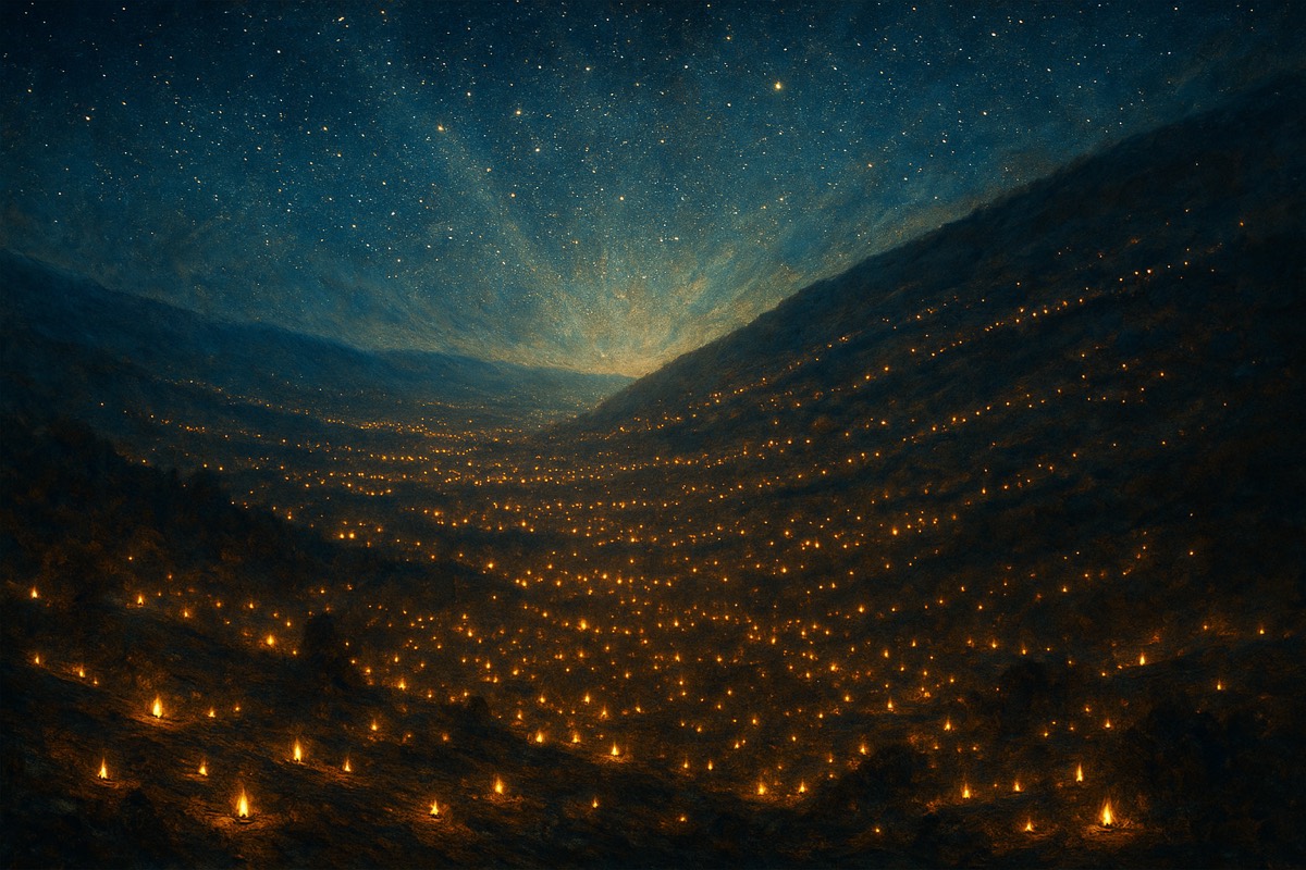 Thousands of warm lamps glowing across a valley under the stars.