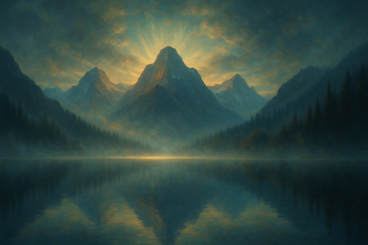 A still alpine lake before sunrise with mist and mirrored mountains.