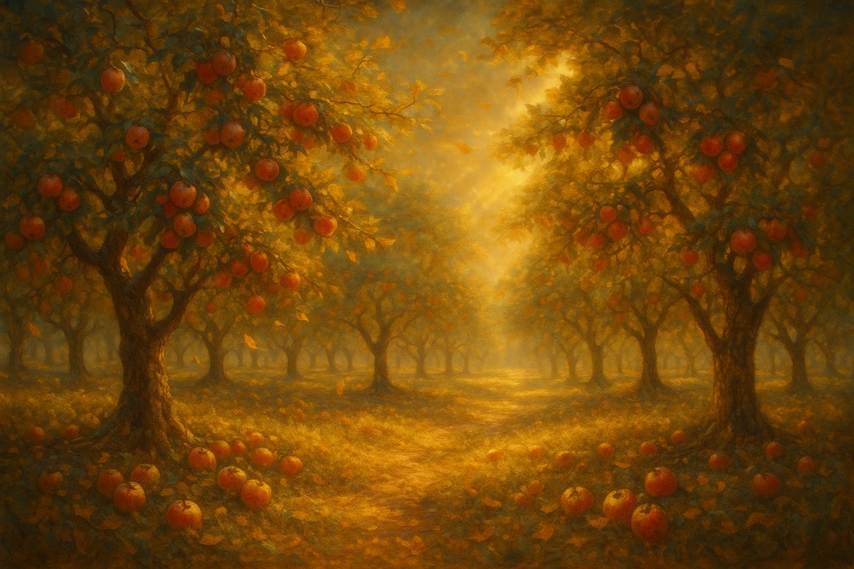 A golden autumn orchard heavy with fruit in warm light.