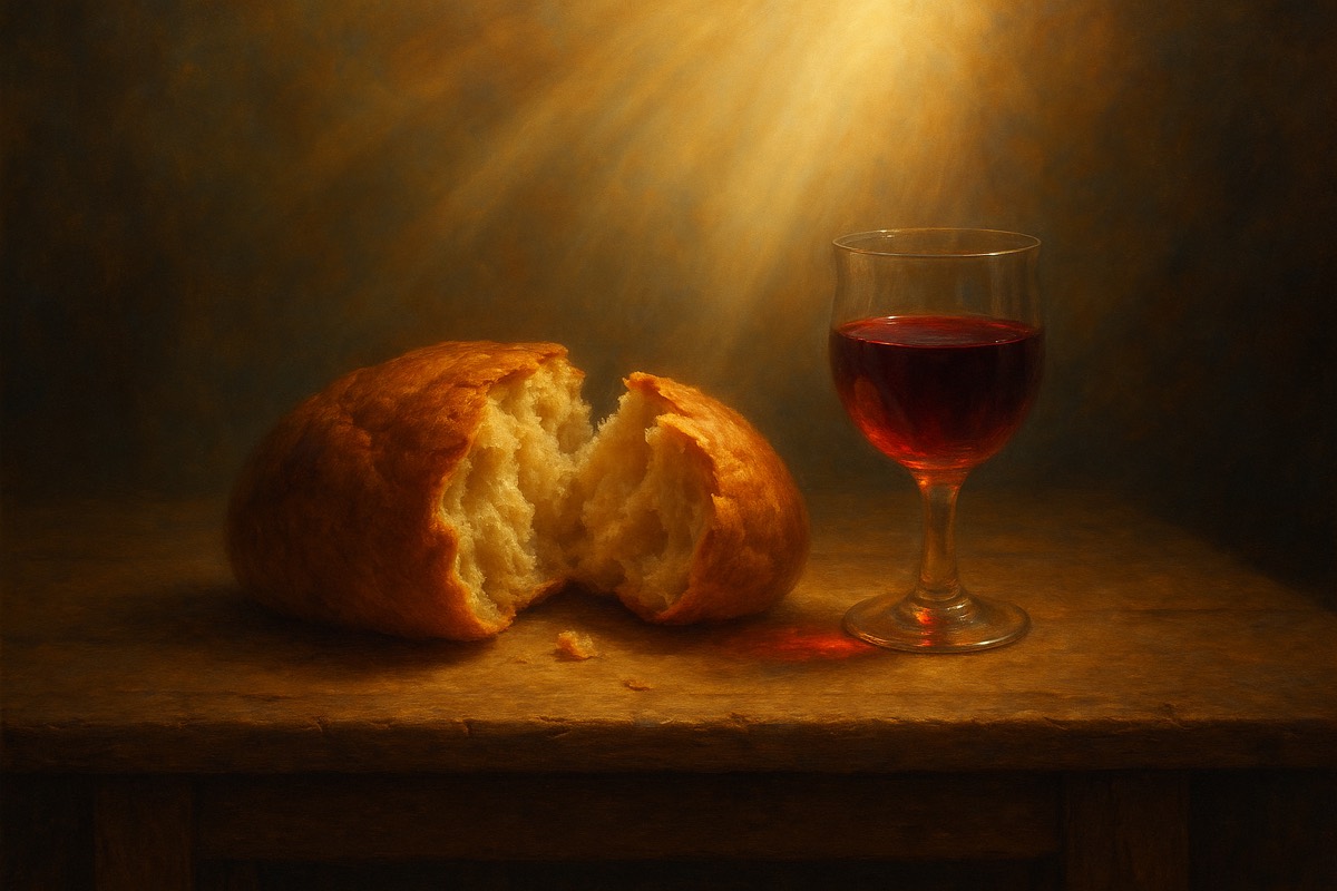 Broken bread and a cup glowing in warm sacred light.