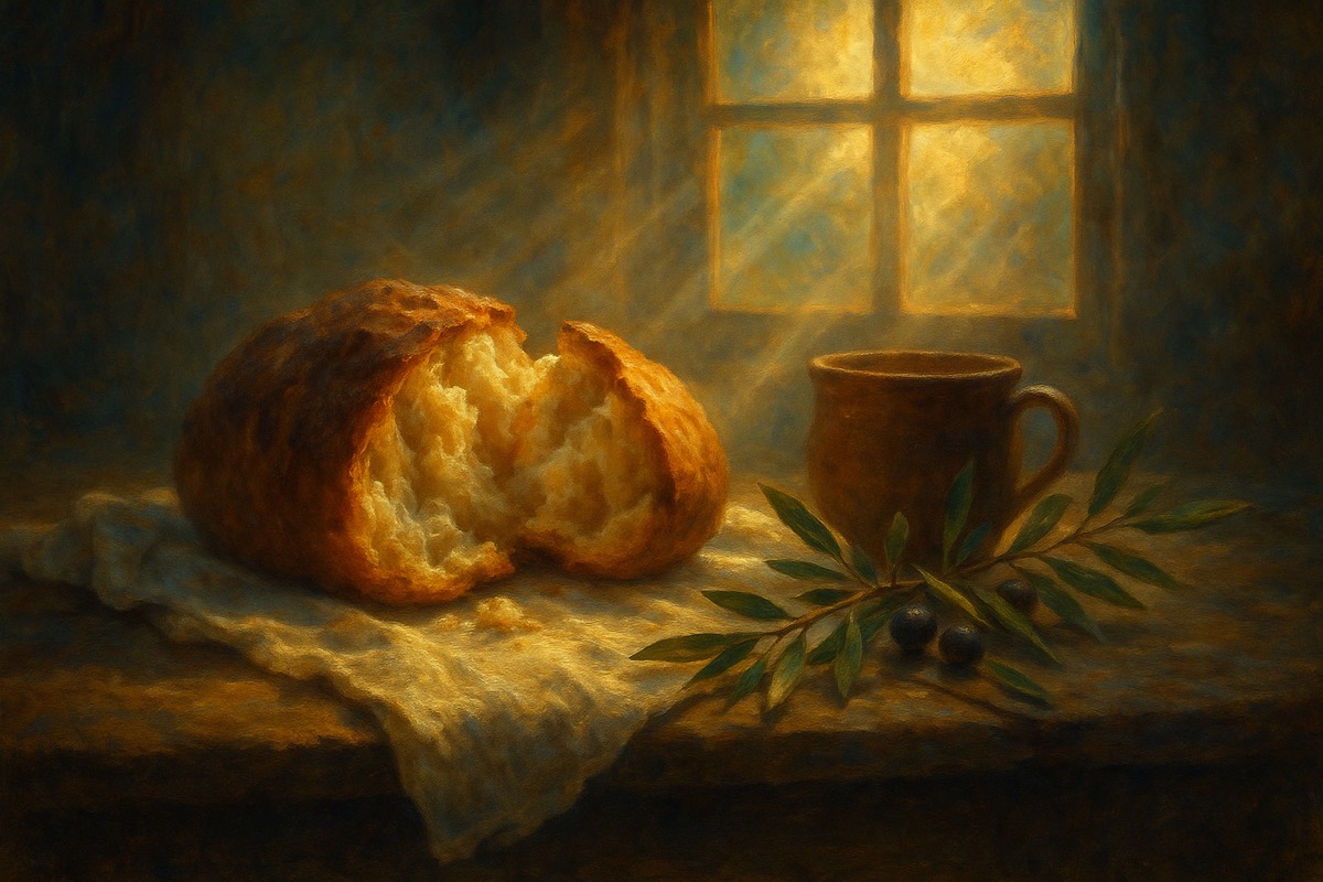 Fresh broken bread on linen in warm morning light.