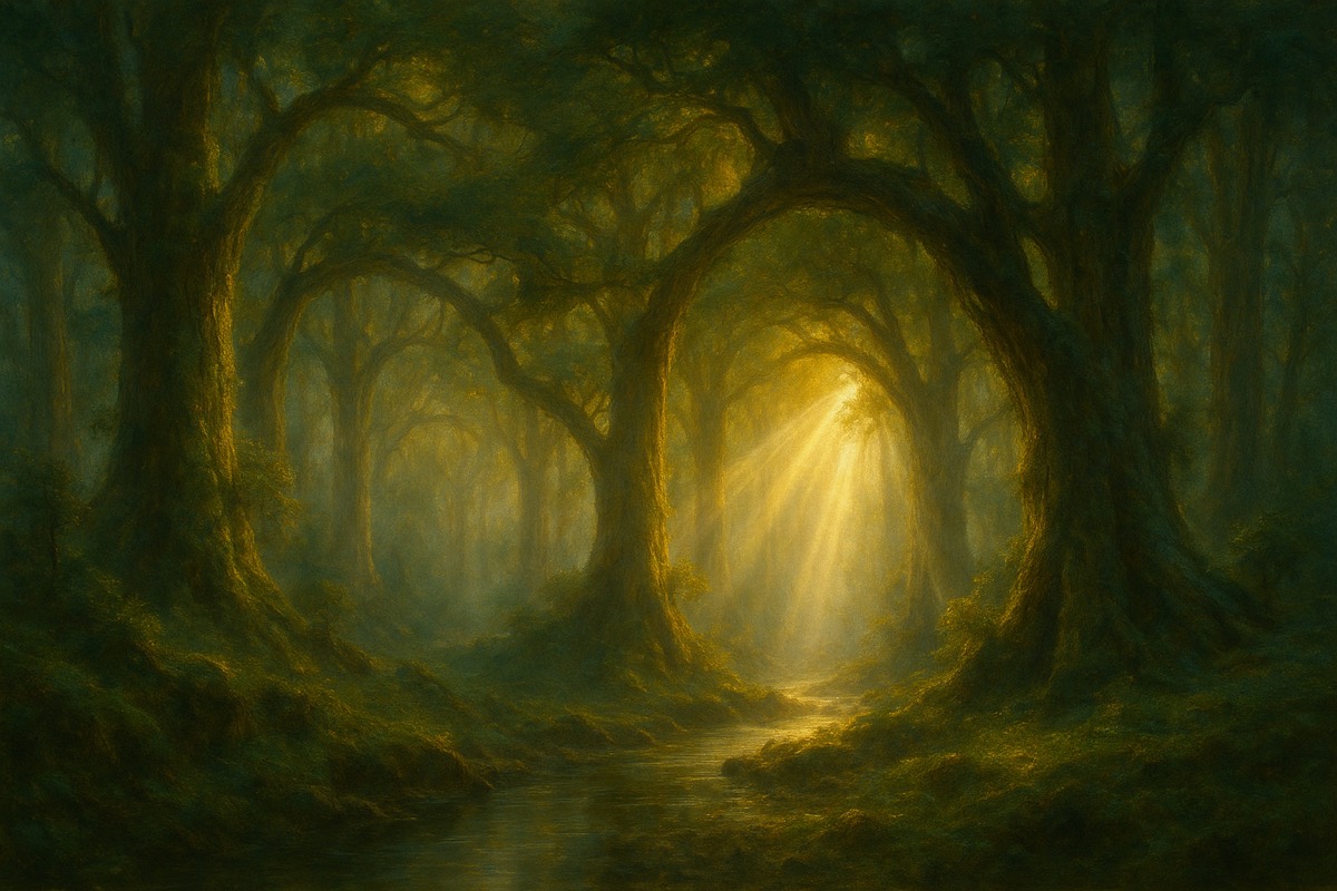 An ancient forest at dawn with sunlight through natural arches.