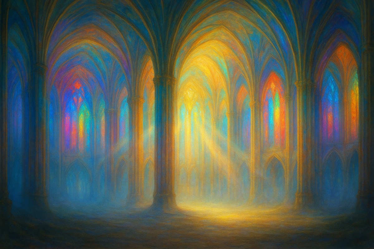 A vast cathedral of living light with colored shafts pouring down.