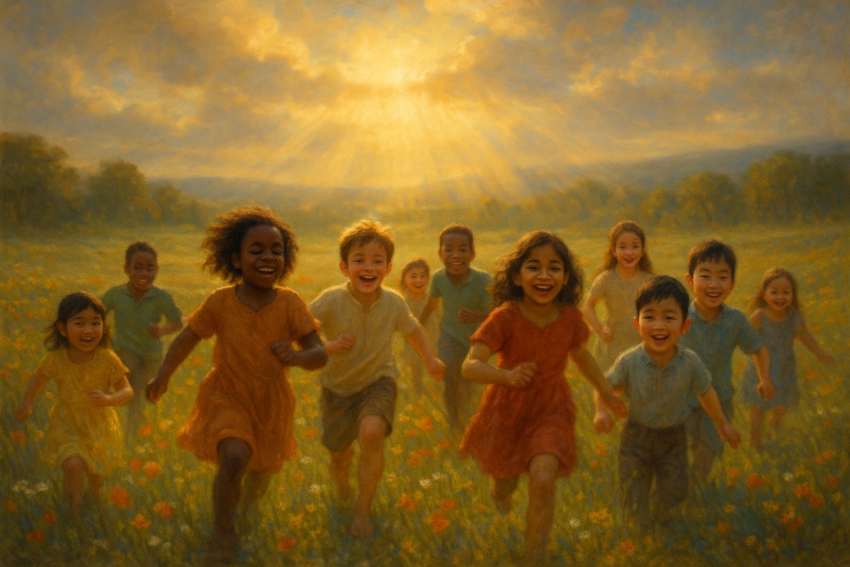 Children of every nation running joyfully together through a field of wildflowers at golden hour.