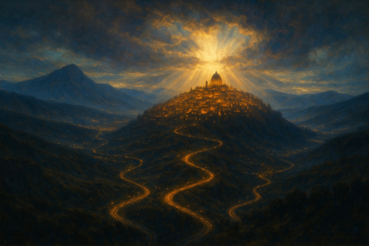 A city on distant hills at dusk with thousands of warm lights.