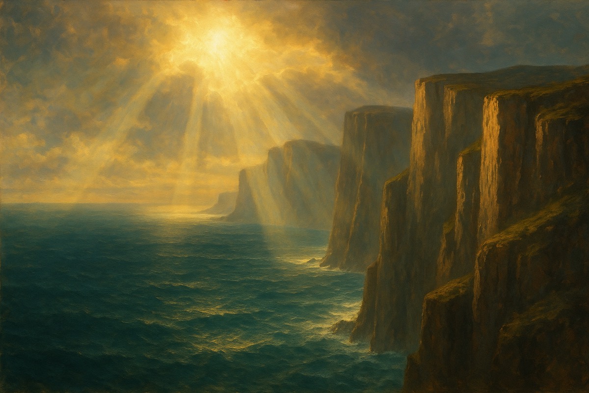 High cliffs above a vast teal ocean at golden hour.
