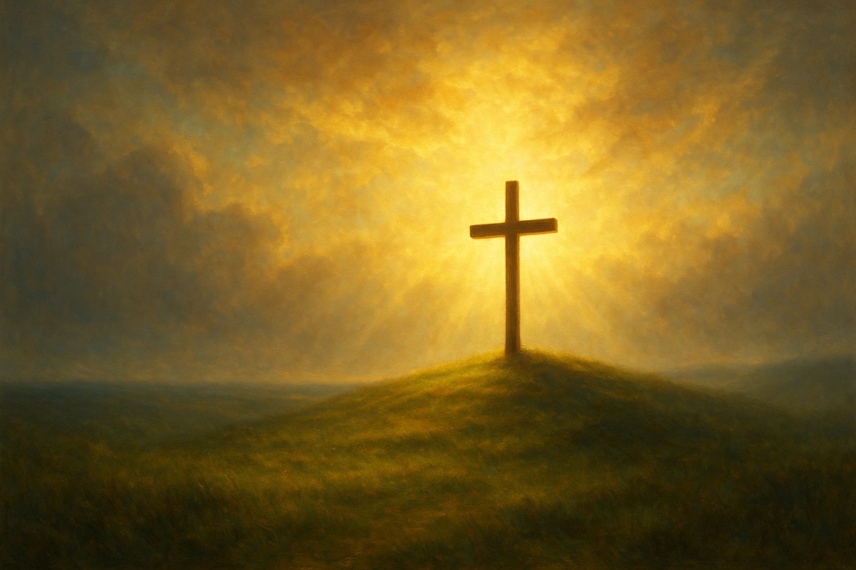 A single cross on a distant hill against breaking golden light.