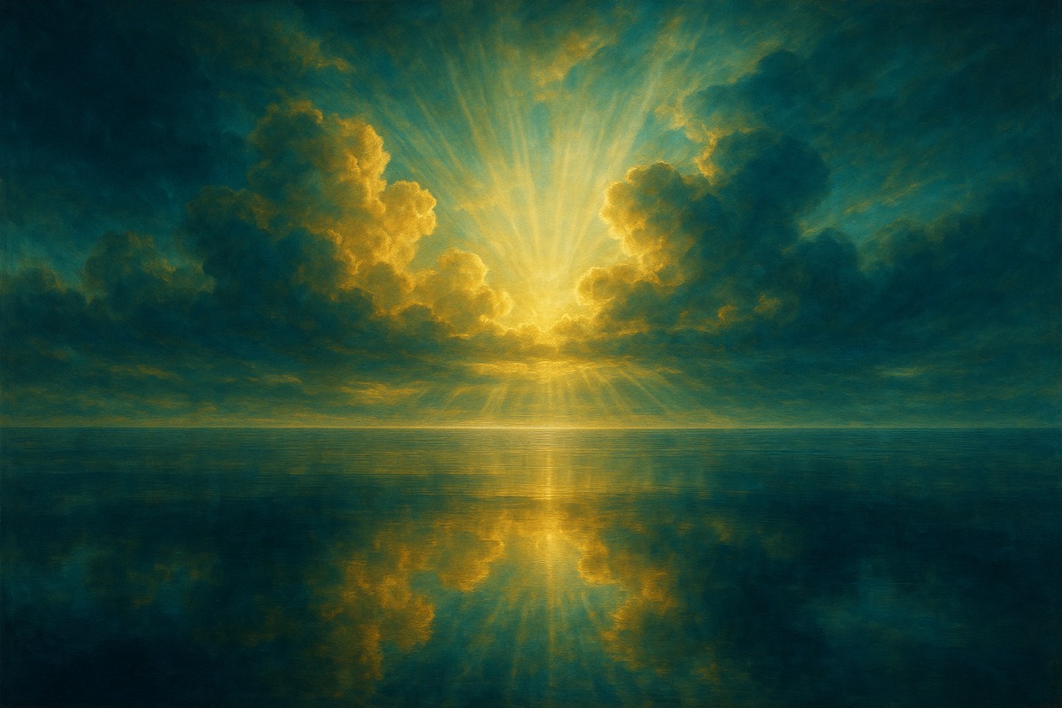 An endless calm crystal sea mirroring a gold and teal sky.