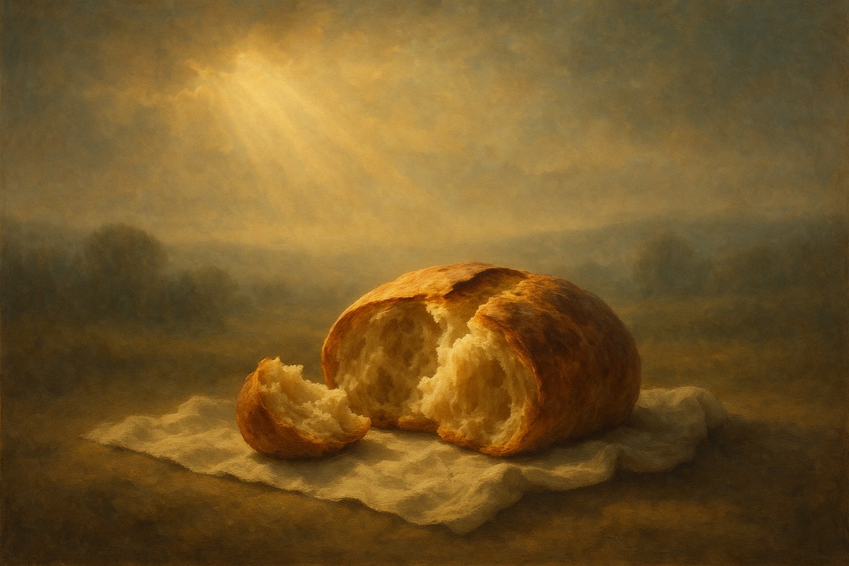 A loaf of fresh bread torn open on a simple cloth in warm morning light.
