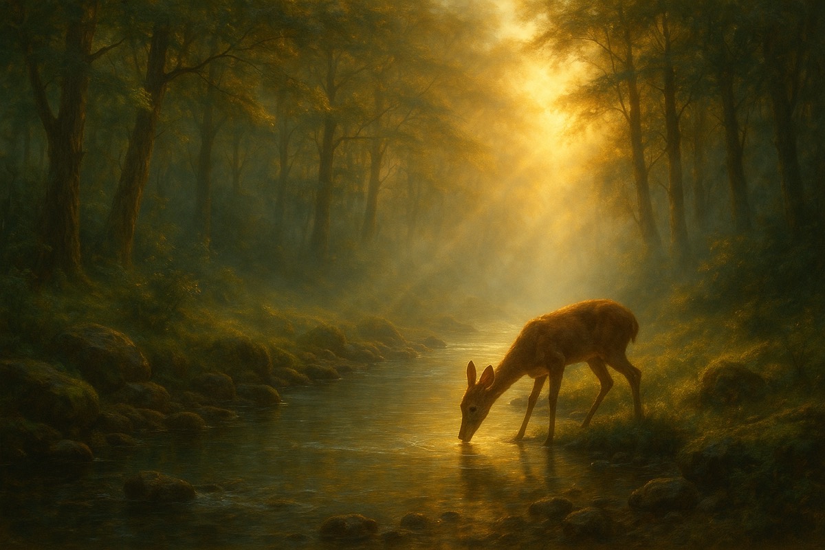 A deer approaching a clear forest stream at dawn.