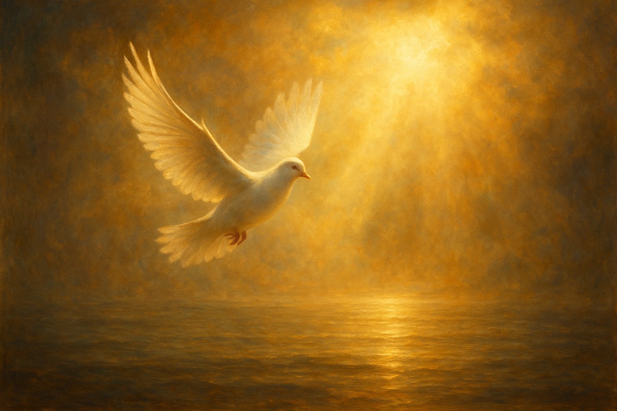 A white dove flying through golden mist above calm water.