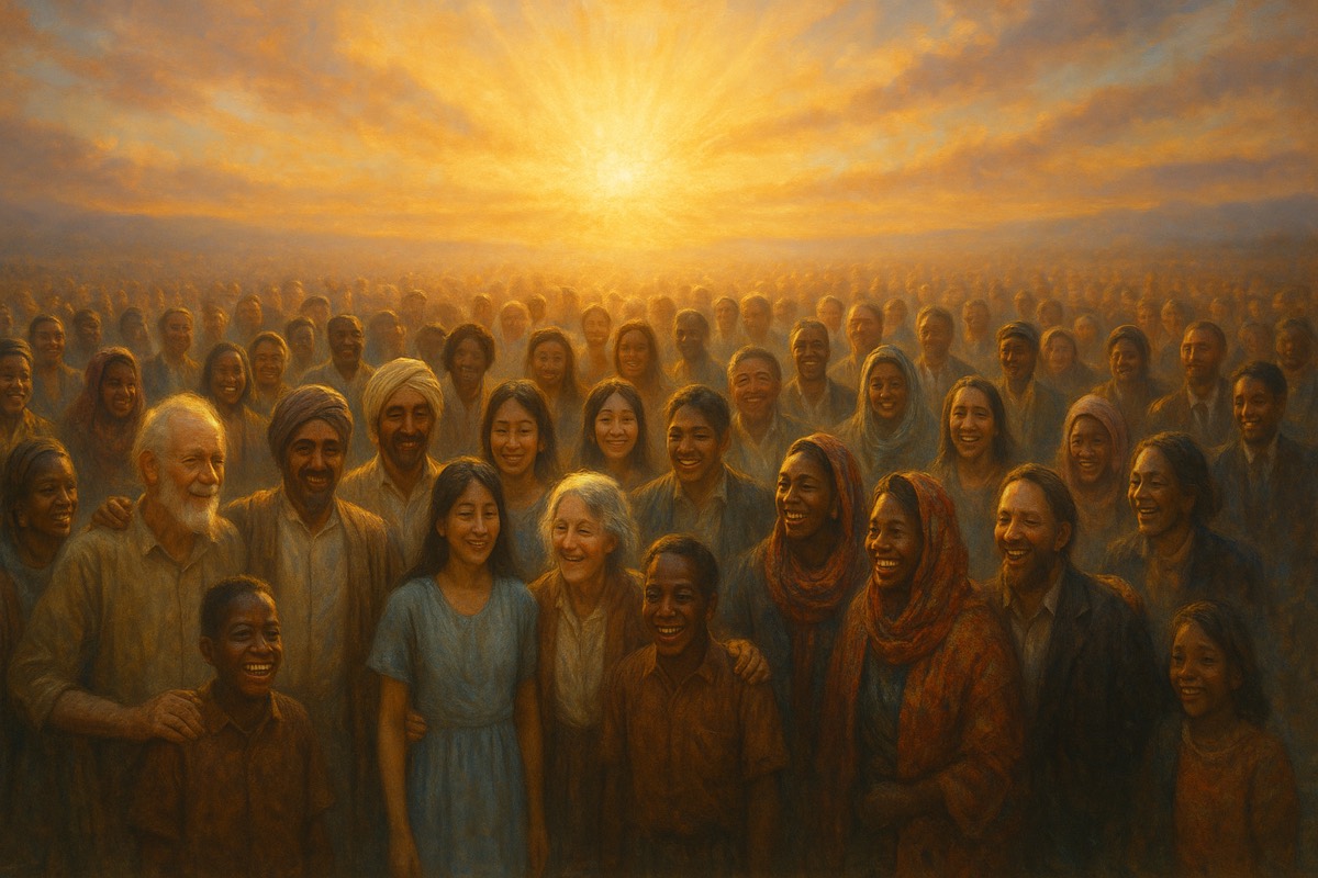 A great multitude from every nation gathered as one family in dawn light.