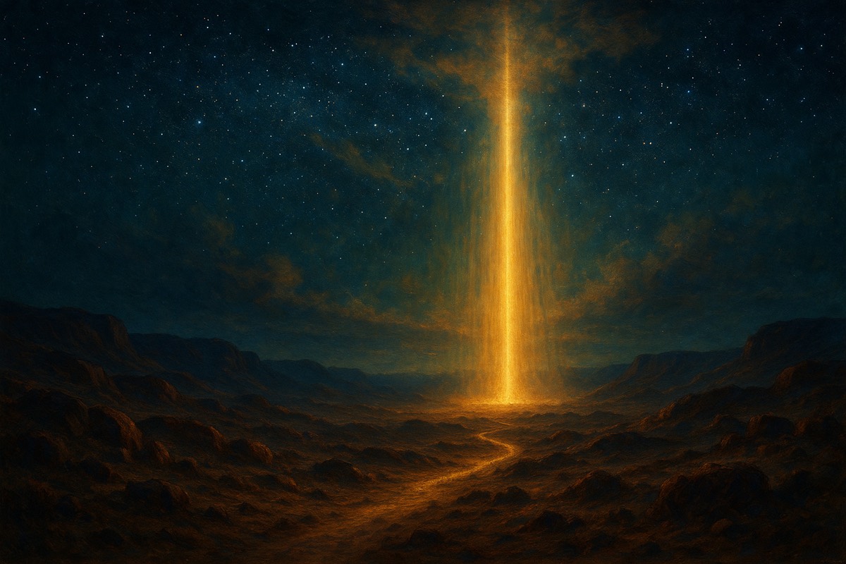 A distant column of warm light guiding a path under desert stars.