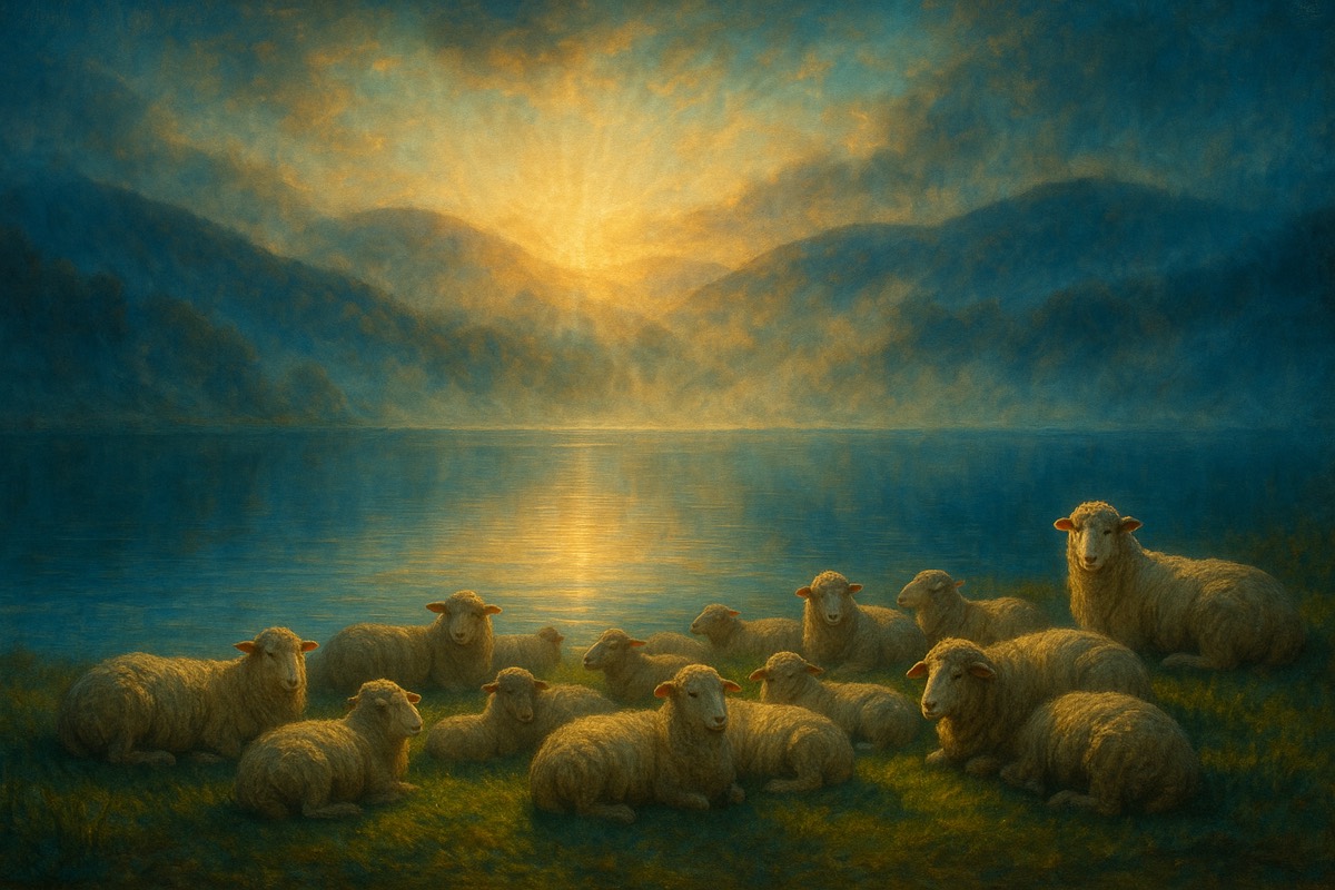 A flock resting beside still blue water at first light.