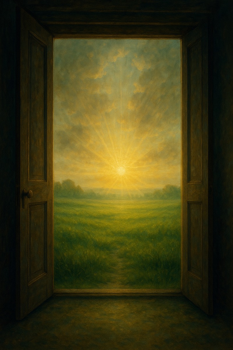 An open door thrown wide to a bright dawn over a green field.