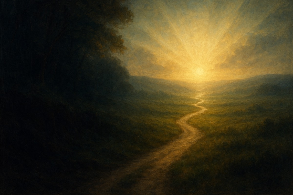 An open path leading out of shadow into a wide, bright dawn.