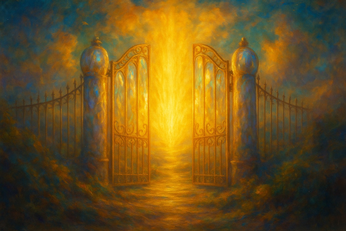 Luminous open gates of pearl with golden light beyond.