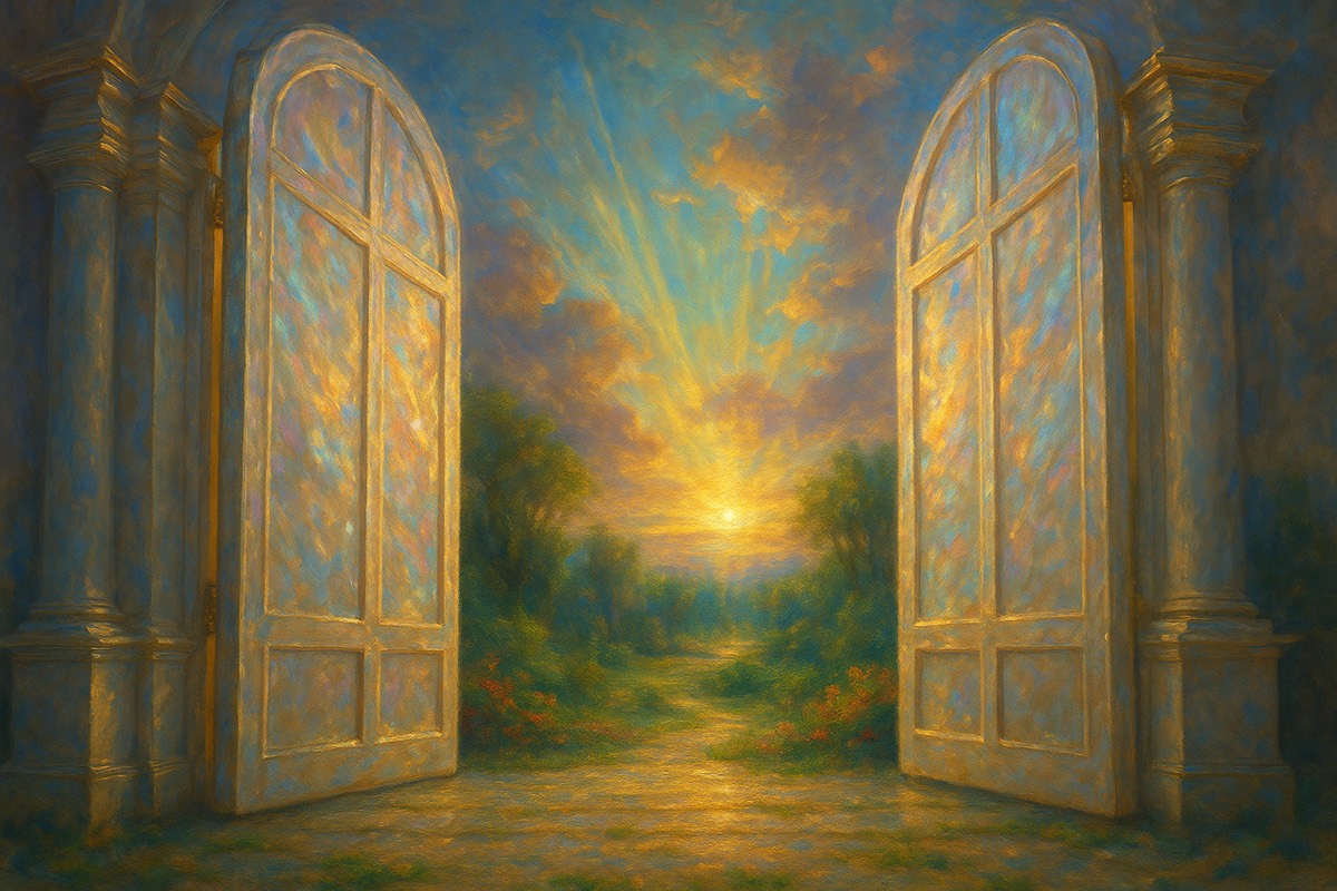 Monumental luminous gates standing open toward a bright horizon.