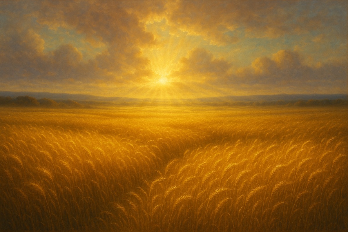 Golden fields of ripe wheat glowing, ready for harvest.