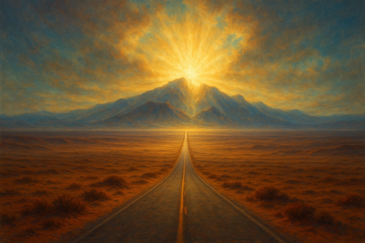 A road through a vast desert toward distant radiant light.