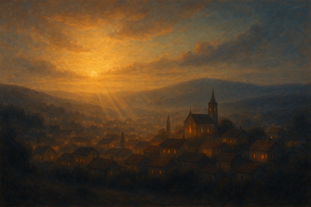 Golden-hour light over a softly glowing town at dusk.