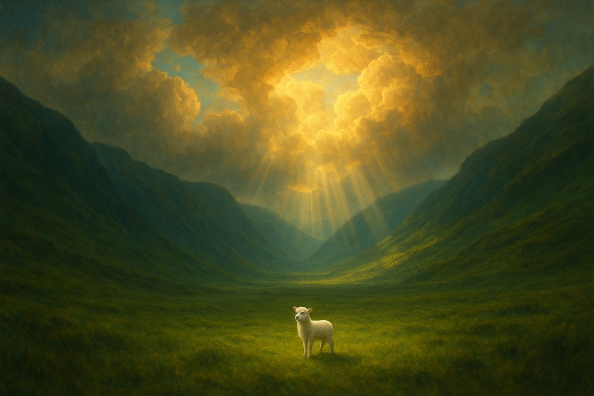 A single white lamb in a vast emerald valley beneath golden clouds.
