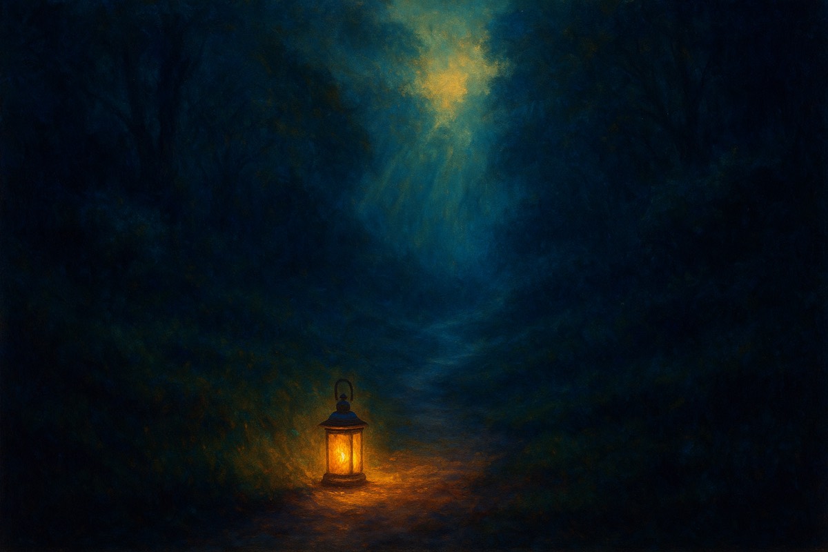 A single warm lamp lighting a path through the dark.
