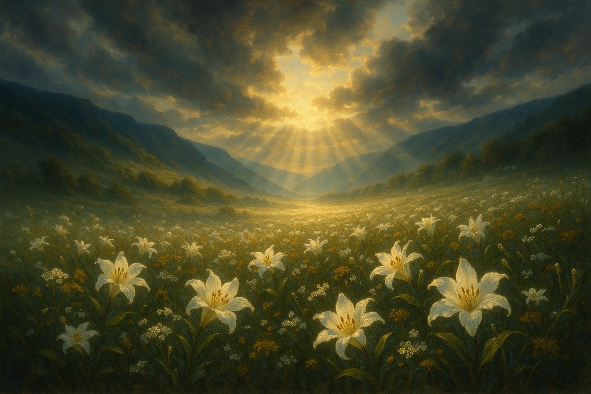 A valley of white lilies and wildflowers in morning sun.