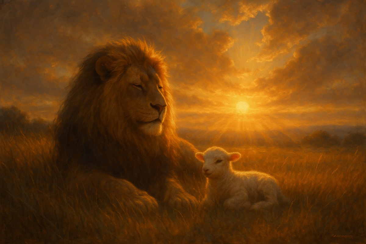 A lion resting peacefully beside a white lamb in golden grass at sunset.
