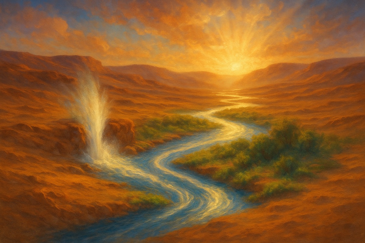 Springs of living water breaking open across a desert at dawn.