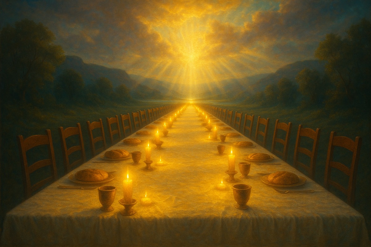 A long banquet table prepared and glowing with candlelight.