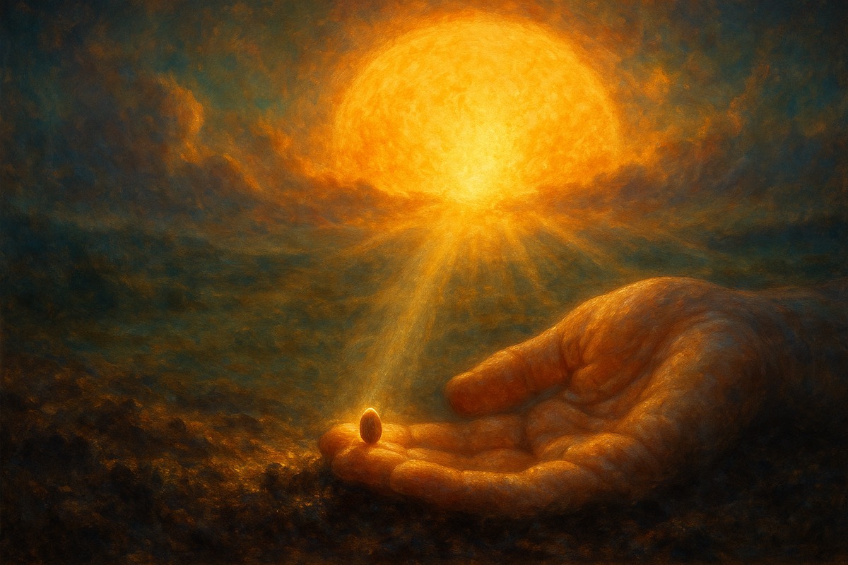 A tiny seed in dark soil in a shaft of morning light.