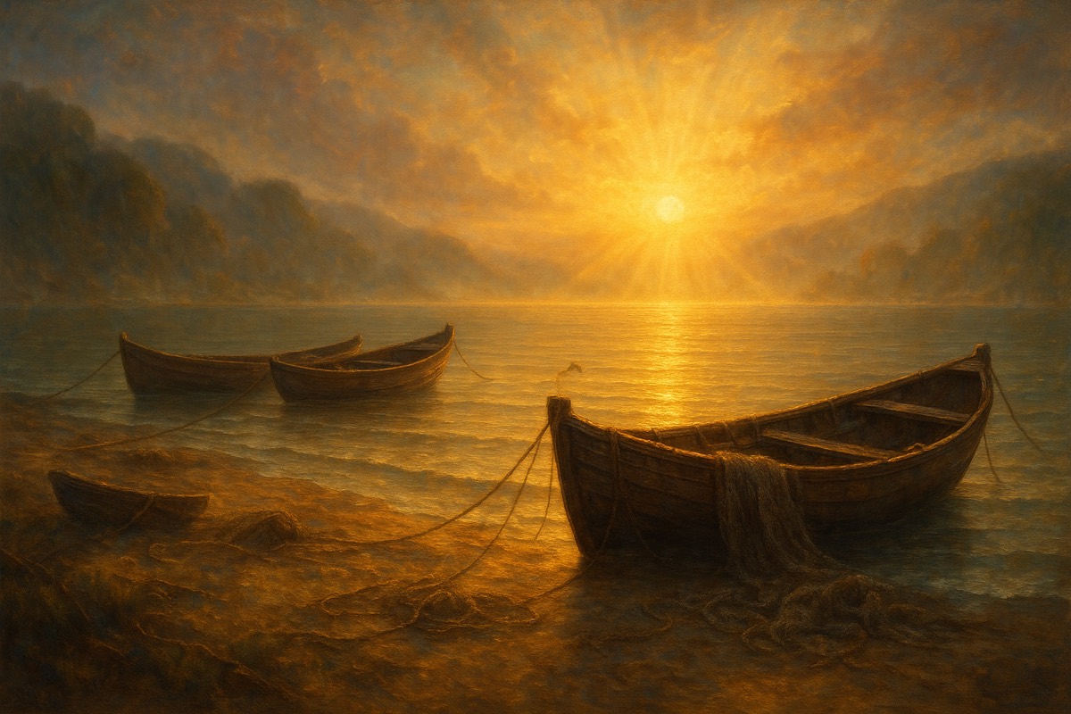 Fishing boats and nets on a calm shore at sunrise.