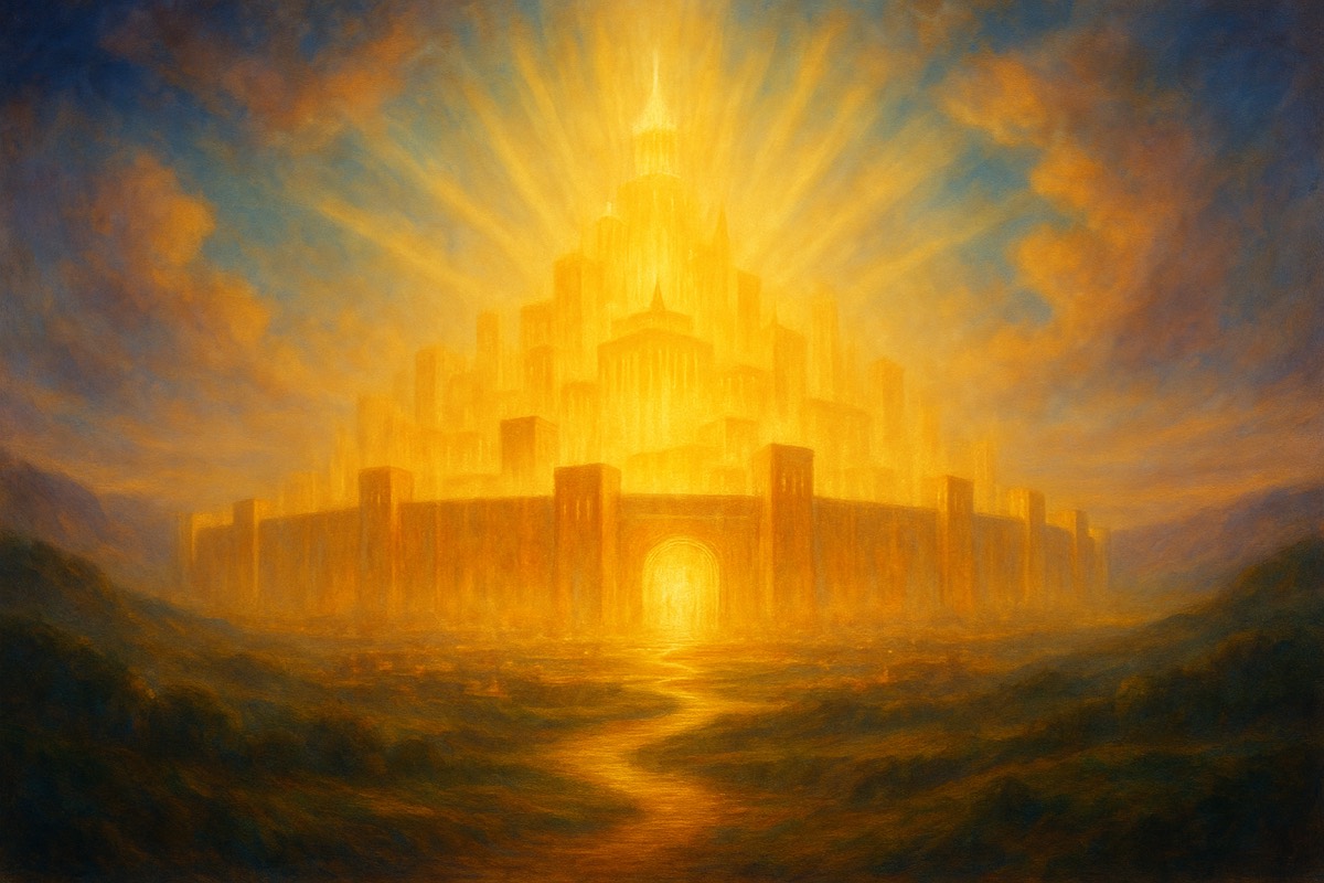 The radiant holy city descending in golden light.