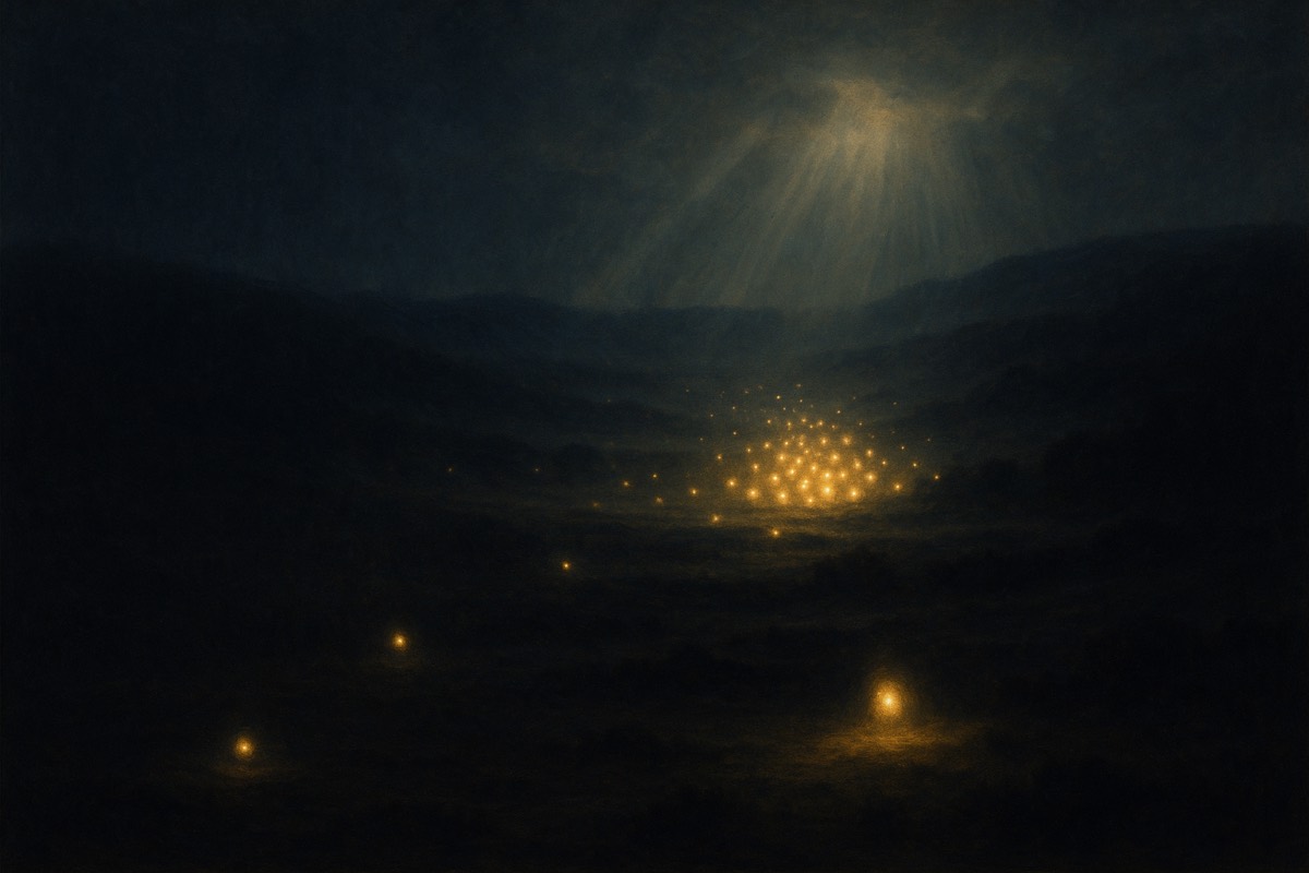 Soft points of warm light appearing across a dark landscape at night.