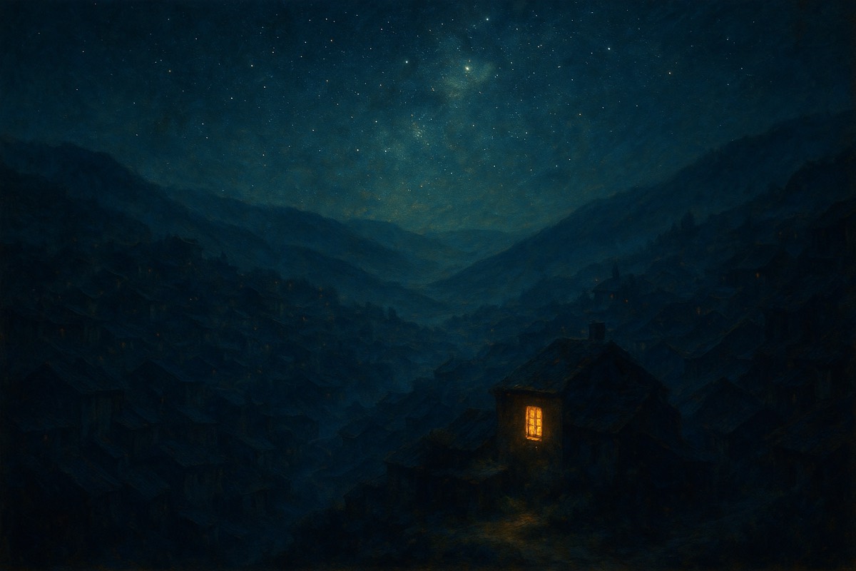 A single warm window glowing in a dark hillside village at night.
