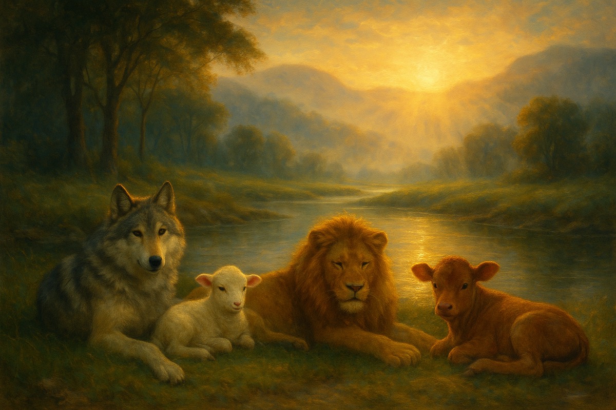 A wolf, lamb, lion and calf resting together in peace by a river at dawn.