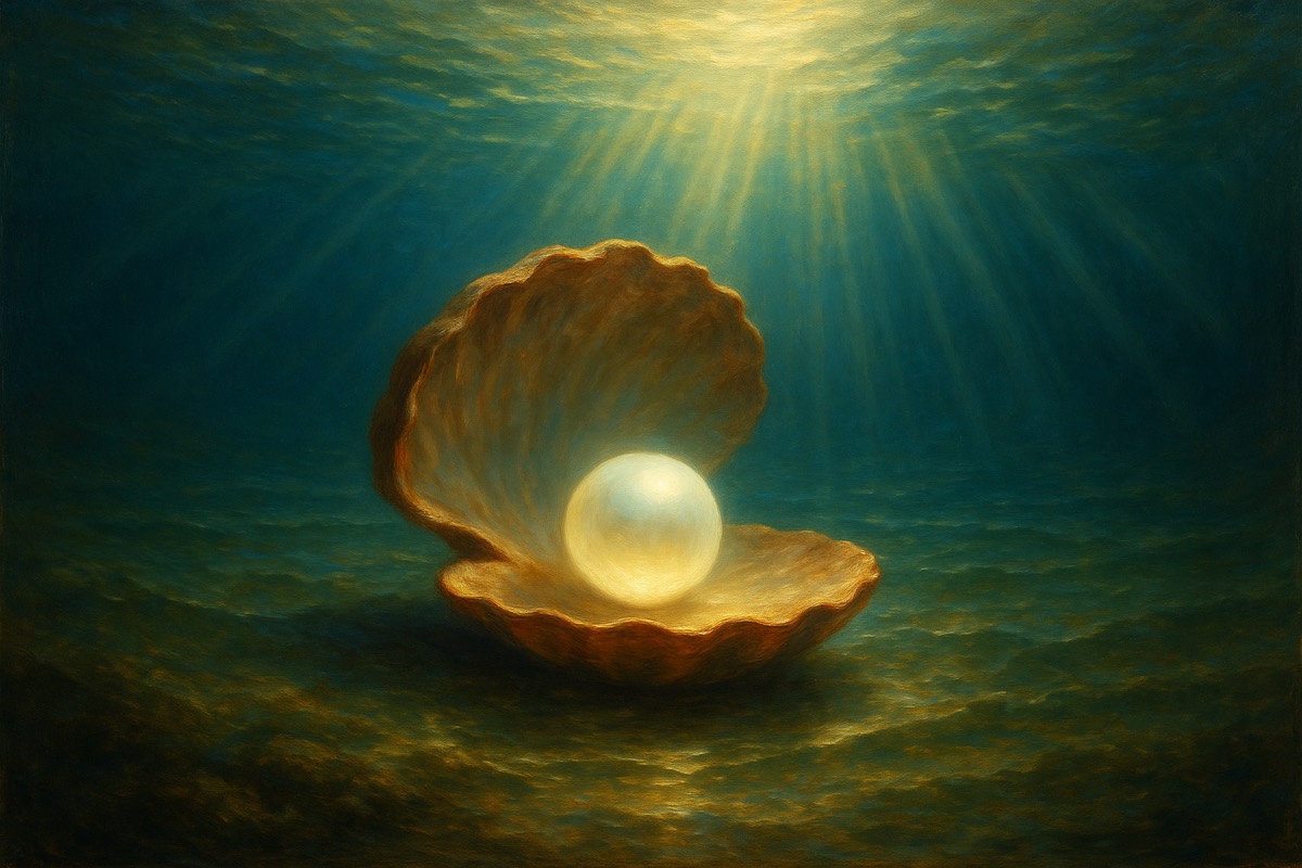 A luminous pearl in an open shell beneath clear water.