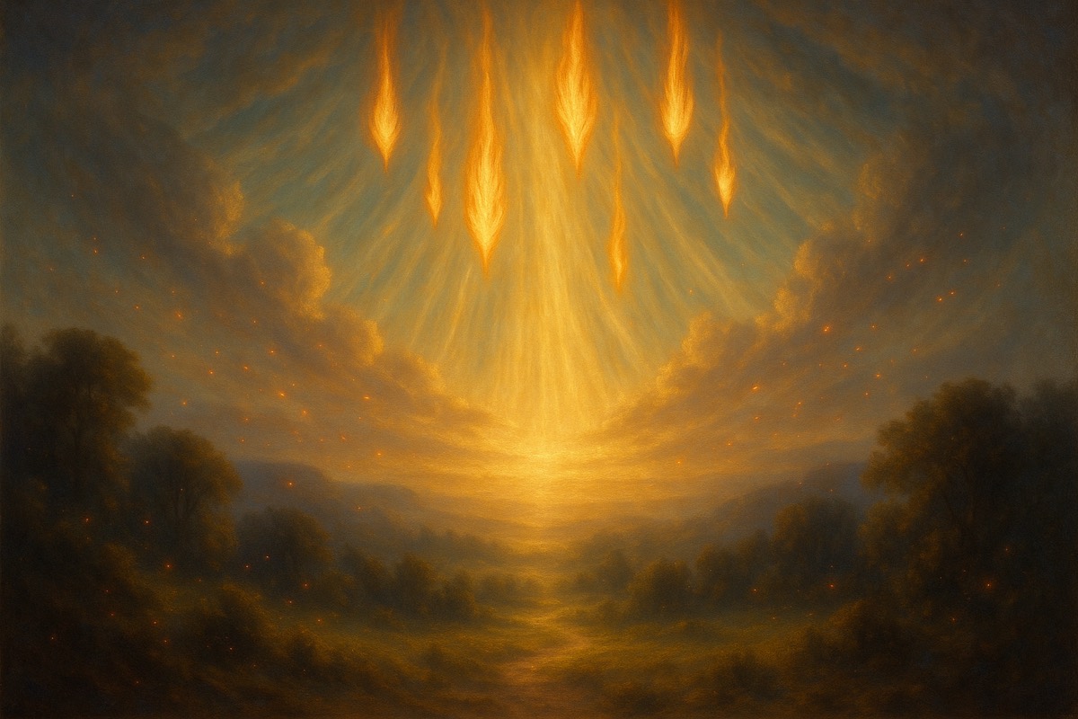 Radiant tongues of flame and light descending.