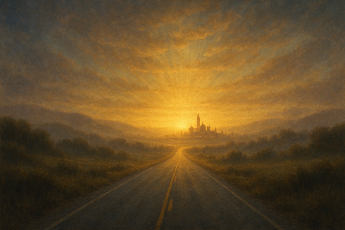 An open road at dawn leading toward a distant city just waking.
