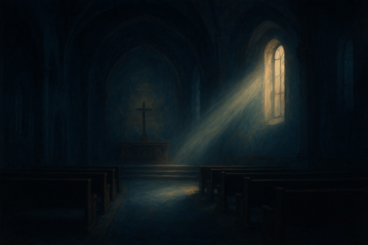 The still interior of a sanctuary lit by one soft shaft of warm light.