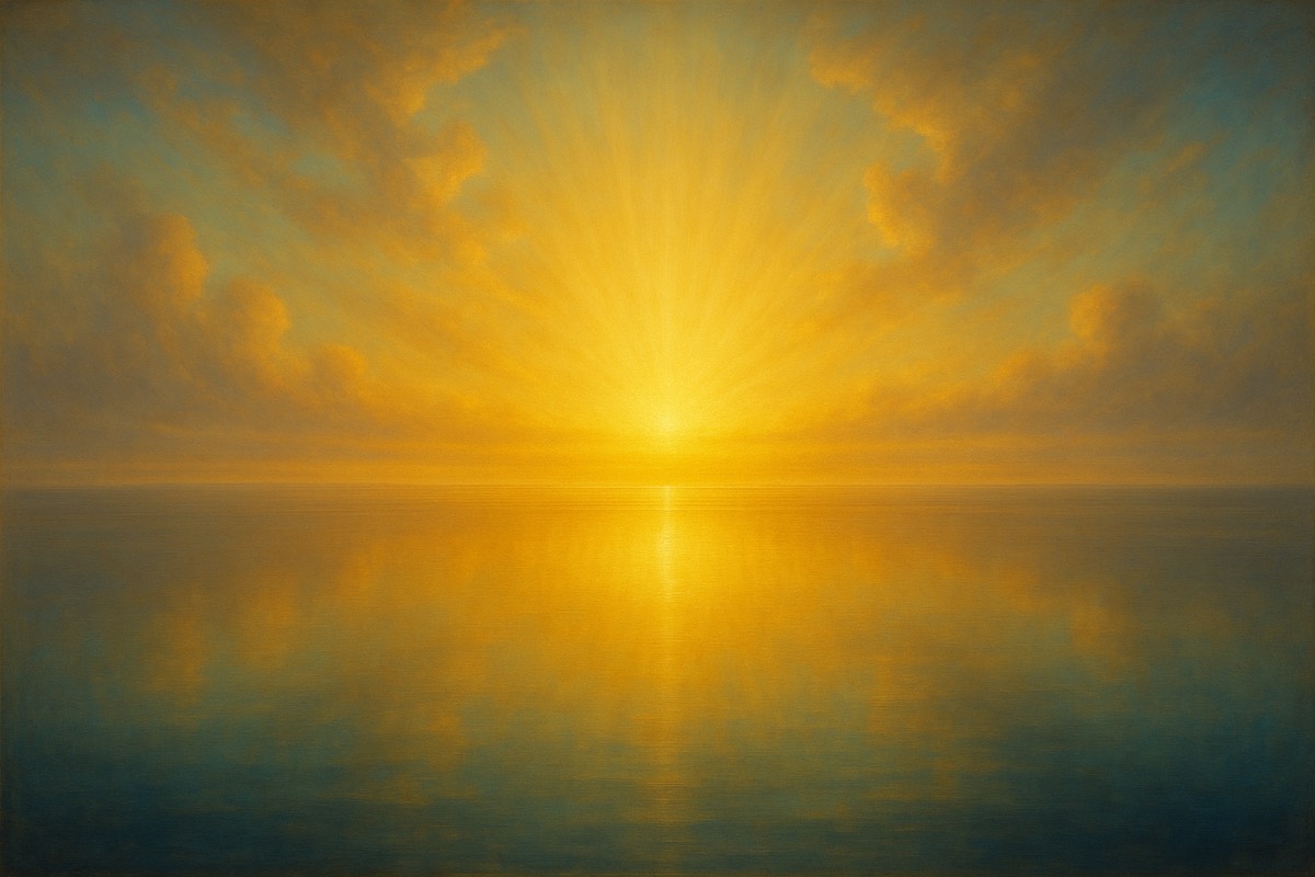 A vast still sea of glass reflecting a radiant golden horizon.
