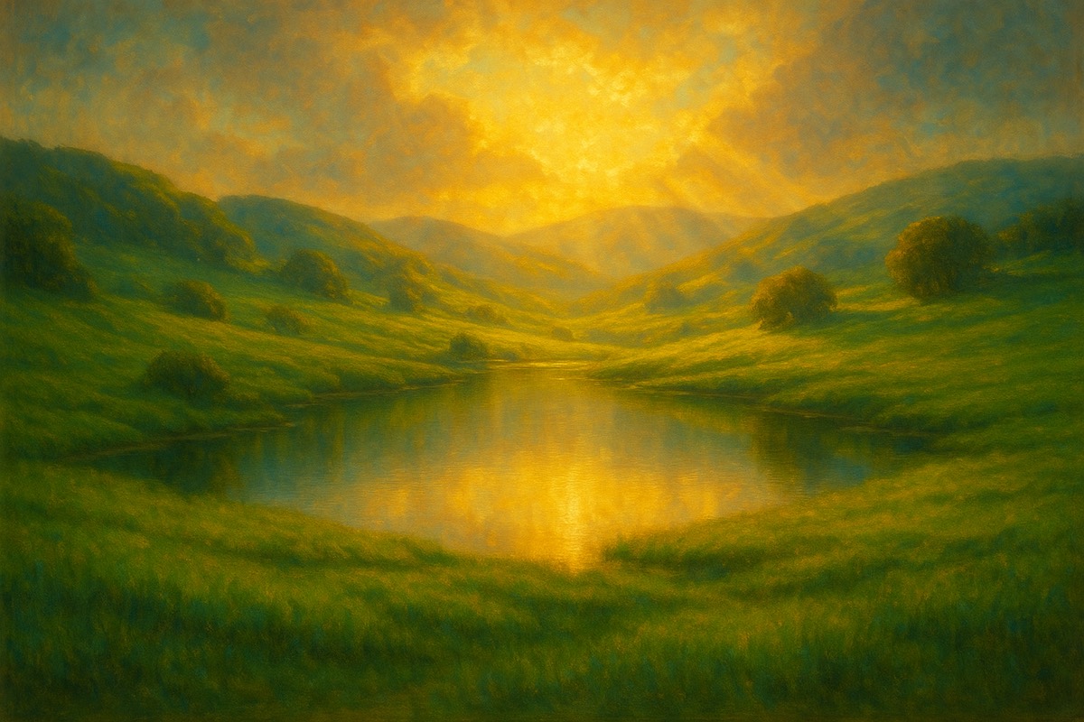 Green pastures beside quiet still waters at golden hour.
