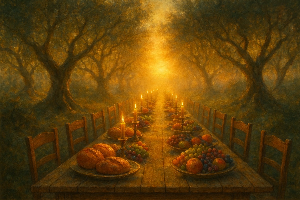 A long table set with bread and candles beneath olive trees at sunset.