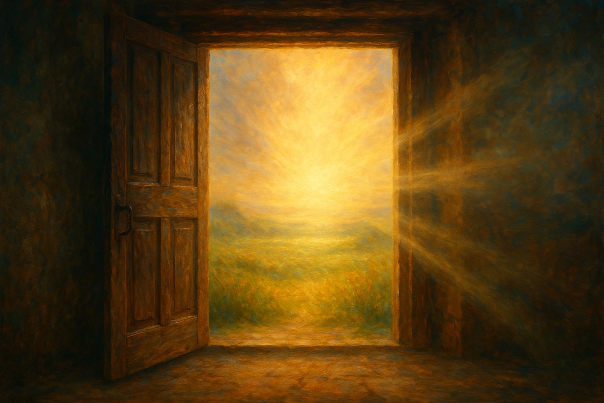 An ancient open door onto a field of radiant light.