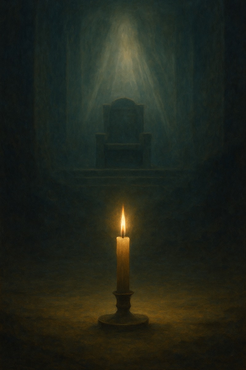 A single candle flame in vast, deep stillness.
