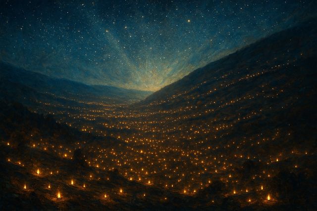 Genesis 8:1: Where It Appears, and Where It Leads to Christ. Thousands of warm lamps glowing across a valley under the stars.
