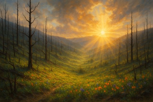 John 1:46: Where It Appears, and Where It Leads to Christ. A burned hillside blooming with new growth at sunrise.