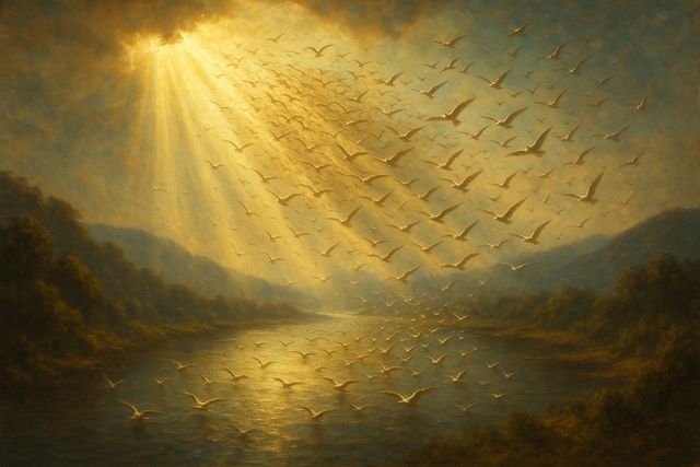 1 Peter 2:5: Where It Appears, and Where It Leads to Christ. A flock of birds over a river in shafts of morning sunlight.