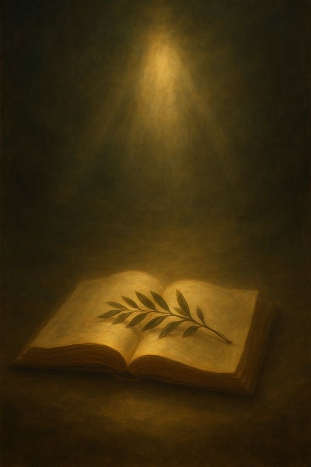1 Corinthians 2:9 in Context: What It Actually Means. An open book in warm gold light with an olive branch across its pages.